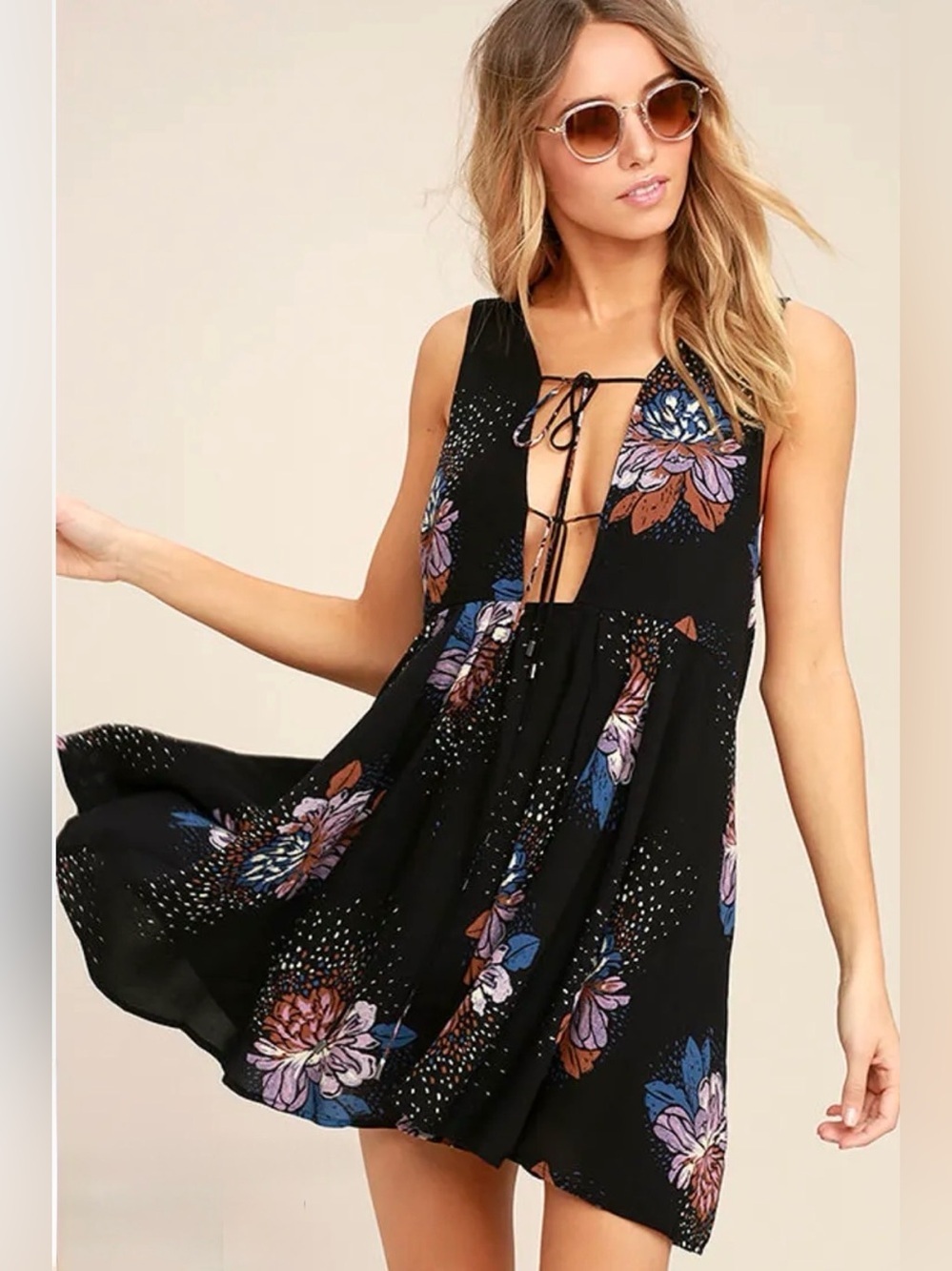 Free People Lovely Day Black Floral Print Dress Tunic Mini Dress OB542520 Sze XS